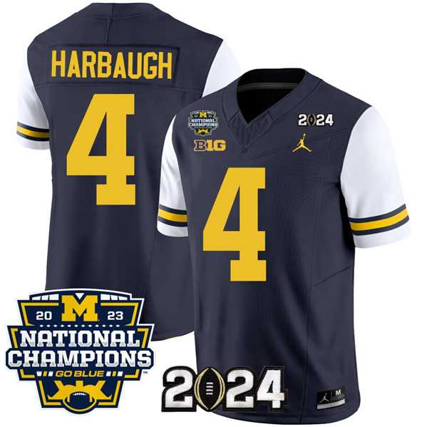 Mens Michigan Wolverines #4 Jim Harbaugh Navy White 2024 F.U.S.E. With 2023 National Champions Patch Stitched Jersey